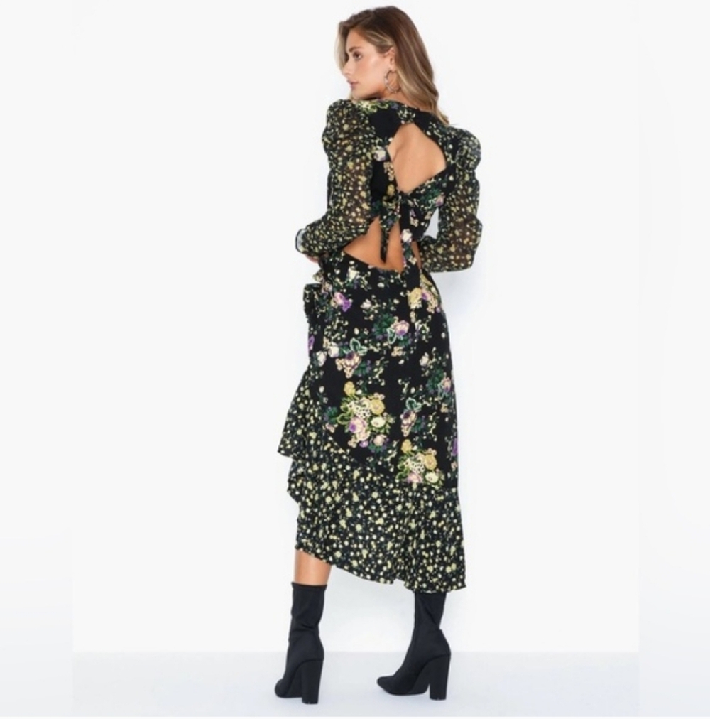 For Love & Lemons Black & Yellow Sheath Midi Dress w Bishop Sleeves Si… - Picture 7 of 8